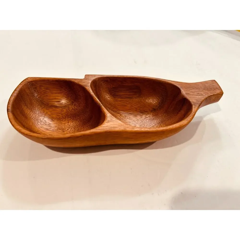Vintage Monkey Pod Wood Divided Serving Dish Hawaiian Tiki Snack Tray